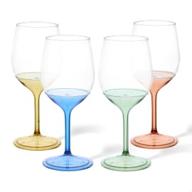 TOSSWARE POP 14oz Vino with Mix Color Stem SET OF 12, Premium Quality, Recyclable, Unbreakable & Crystal Clear Plastic Wine Glasses