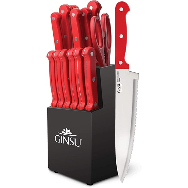 GINSU Kiso® Dishwasher Safe and Always Sharp, 14 Piece Red Knife Set with Black Block