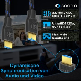 Sonero PHC111-015 8K Ultra High Speed HDMI Cable with Ethernet, Nylon Braid, Gold-Plated Connectors (8K UltraHD, 4K 3D with 50Hz/60Hz, 48Gbps Full Bandwith, Dynamic HDR), 1.5 m