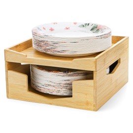 Yarlung Bamboo Paper Plate Dispenser Holder for 8-10 inch Plates and Air Fryer Liners, Portable Stackable Disposable Plates Organizer for Kitchen Cabinet and Countertop Storage