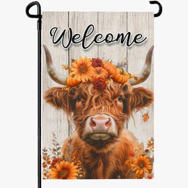 Dacawin Welcome Fall Garden Flag Highland Cow Sunflower Yard Flag Double Sided Vertical 12x18 Inch Thanksgiving Pumpkin Floral Garden Flags Rustic Autumn Harvest Daisy House Banner for Seasonal