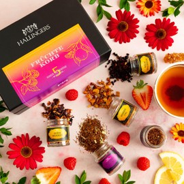 Hallingers Früchtekorb - 5 Sorten Tee Geschenkset vegan, Früchtetee & Roiboos-Tee in Schraubgläsern (Set) - Adventskalender Neuheiten & Adventskalender befüllen | Geburtstag Glückwunsch Genesung Danke