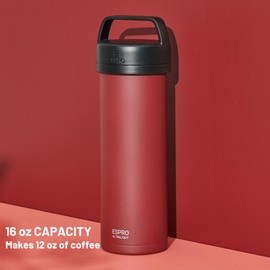 ESPRO P0 Ultralight - French Single Serving Coffee Press and Lightweight Water Bottle for Travel, Camping and Daily Use, Stainless Steel, Vacuum Insulated, 16 oz (Cranberry)