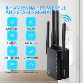 Allchn WiFi Extender, WiFi Extender Signal Booster up to 6000sq.ft and 50+ Devices, 1200Mbps WiFi Booster, 2.4&5GHz Dual Band Internet WiFi Repeater with Ethernet Port, 1-Key Setup (Black)