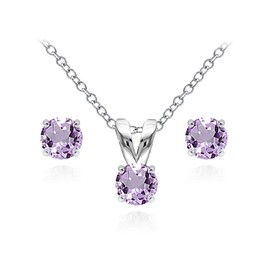B. BRILLIANT Amethyst Earrings Necklace for Women Sterling Silver 5mm Round Solitaire Purple Pendant and Studs Earring Jewelry Set Bridesmaids