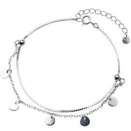 NicoWerk SFK130 Women's Silver Anklet Simple 925 Sterling Silver Narrow Shiny Round Plate Circular Smooth Filigree Pendant Elegant