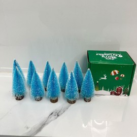 10pcs 4inch Mini Christmas Tree Bottle Brush Trees Chrismas Village Trees Ornaments Mini Plastic Christmas Trees with Wooden Base for Christmas Decoration Miniature Chrismas Tree (Blue)