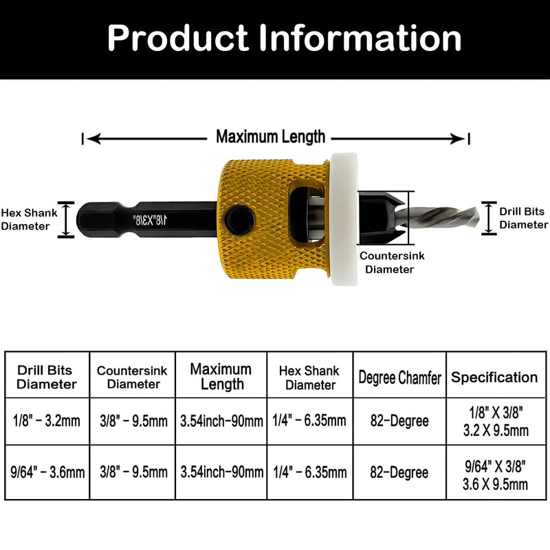 Countersink Drill Bit Set with Replaceable HSS Pilot Drill Bit,