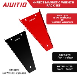 AIUITIO 4 Pack Magnetic Wrench Organizer, 64-Slot Magnetic Wrench Organizer Tray for Tool Box & Wall Mounted,Wrench Holder Fit SAE (1/4" - 1-1/16") & Metric (6 mm-24 mm) Wrench Storage (4 pack)