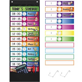 Chinco Daily Schedule Pocket Chart School Class Schedule Kit 13+1 Pocket Chart, 2 Hook, Title Card, 30 Double-Sided Blank Erasable Card for Classroom School or Home(Black)