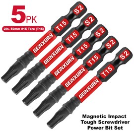 Geinxurn 5 Pieces T15 2 In. Impact Tough Magnetic Insert Bit Set, #15 Torx Head Power Bits, S2 Alloy Steel Star T15 Screwdriver Bits Set