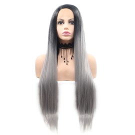 RainaHair Silver Grey Long Straight Lace Front Wigs with Dark Roots for Women Synthetic Wig with Middle Parting Heat Resistant 26inch (Gray/Lace Front Wigs)