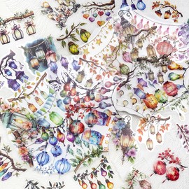 50PCS Watercolor Hanging Lantern and String Light Stickers – Clear Tree Branch Scrapbook Stickers for Journaling, Card Making, Planners, Crafts, Holiday Art Projects