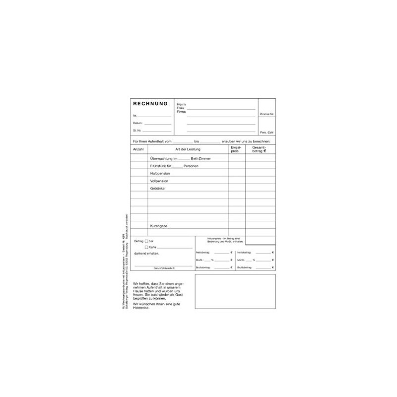 Invoice pad DIN A5 especially for hotels, guest houses, accommodation