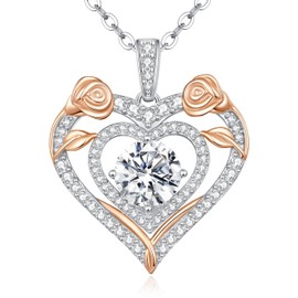 ANDSO Moissanite Heart Pendant Necklace for Women, 925 Sterling Silver Gold Plating Rose Flower Necklaces Mother's Day Birthday Jewelry Gifts for Mom Wife Girlfriend Her (Silver-2 Carat)