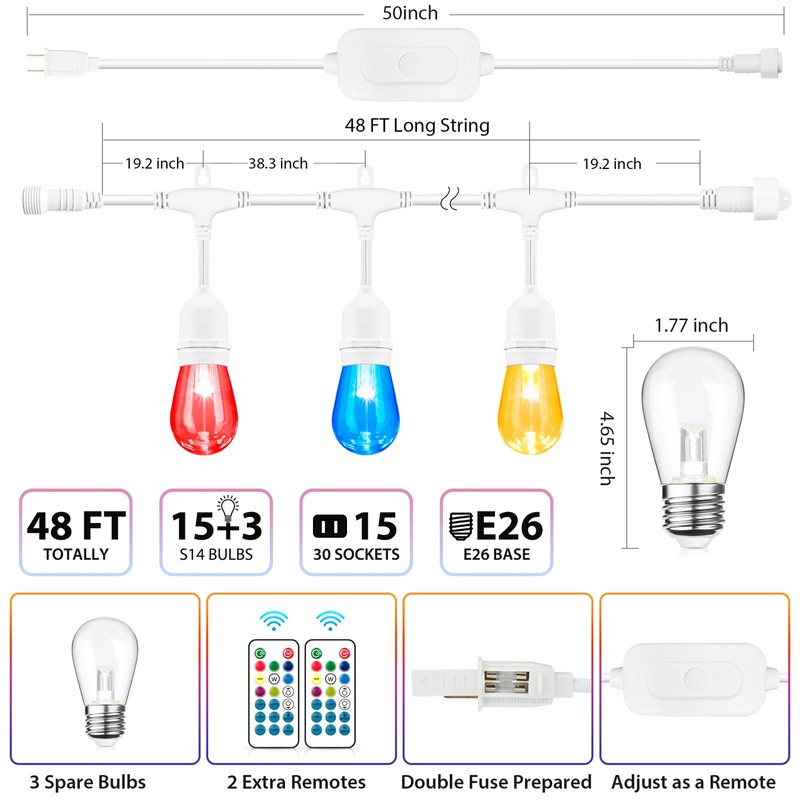 Mlambert 48FT Outdoor Patio Lights, 6 Lighting Modes RGB Cafe