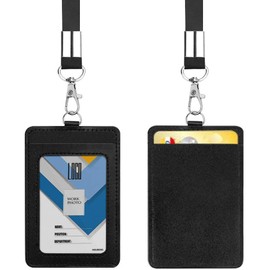 Leather Vertical PU Leather ID Card Holder Wallet with 22 Inch Detachable Collar Nylon for Office School Driving License (2 Black)