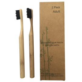 Bamboo Toothbrushes Set of 2 with Bamboo Wood Round Handle and Bamboo Activated Carbon Wave Bristles 100% Recyclable Environmentally Friendly
