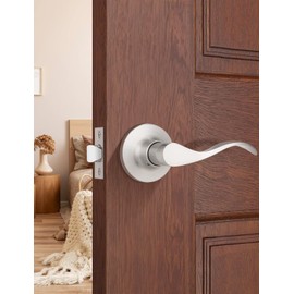 Mengico 2 Pack Satin Nickel Interior Passage Door Knobs, Keyless Door Handle for Hallway & Closet, Wave Style Non-Locking Door Lever Reversible for Left & Right Handed