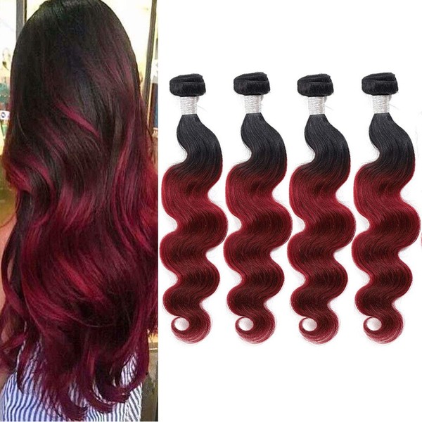 Ombre Body Wave Human Hair 4 Bundles Ombre Body Wave Human Hair Weave Dark Red 1B 99j Burgundy Human Hair Extensions(18 18 20 20)