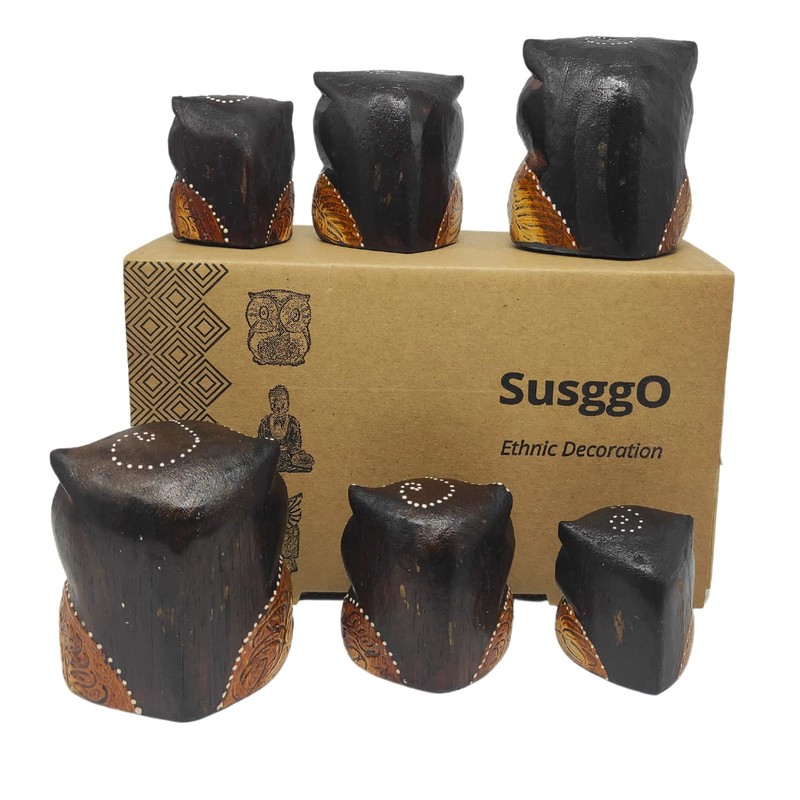 SusggO Set of 6 Small Wooden Owls - 3 Sizes