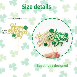 24 Pcs Happy St Patrick's Day Cupcake Toppers, Four Leaf Clover Shamrock Cupcake Toppers for St Patrick's Day Party Decorations (Happy St Patrick's Day)