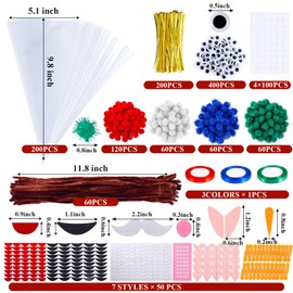 1317 Pcs 200 Sets Christmas Cone Cellophane Treat Bags Xmas Candy Treat Bags DIY Reindeer Santa Claus Snowman Elf Candy Bags with Pipe Cleaners Pom Poms Ribbons Eyes Facial Features and Cone Bags for Christmas Party Favors