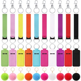 Junkin 40 Pcs Lipstick Holder Keychain Lip Holder Keychain Clip on Lipstick Pouch Fluffy Ball Keychain with Keyring (Colorful Style)