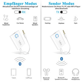 1Mii Bluetooth 5.3 Adapter for TV, 2-in-1 Bluetooth Transmitter Receiver, aptX Adaptive & HD Wireless Audio Transmitter Receiver Jack 3.5 for Headphones Stereo System Aeroplane MP3, 15 Hours Playtime