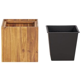vidaXL Natural Solid Acacia Wood Raised Garden Bed Pot for Balconies, Porches, Patios - Weather-Resistant Outdoor Planter with Open Bottom; Includes 1 Inserted Plastic Pot - 13.2"x13.2"x13.2", Brown