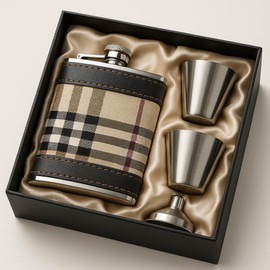 Premium Tartan Hip Flask Gift Set with Funnel & 2 Shot Cups – Stainless Steel Pocket Flask for Men – Portable and Stylish Accessory for Travel, Outdoors, Birthdays & Celebrations JR1372 Brown