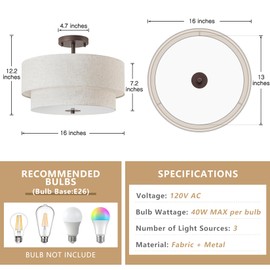 Bargeni 16" Semi Flush Mount Ceiling Light, 3-Light Drum Ceiling Light Fixture, Oil Rubbed Bronze with Double Linen Fabric Shade, Modern Light Fixtures Ceiling Mount for Bedroom, Living Room, Entryway