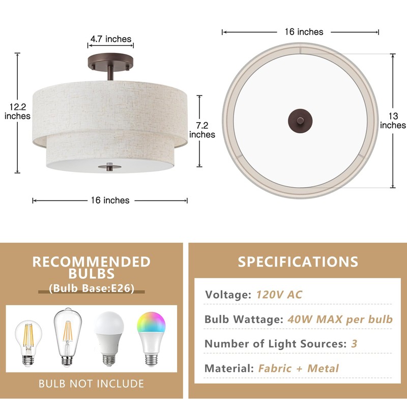 Bargeni 16" Semi Flush Mount Ceiling Light, 3-Light Drum Ceiling