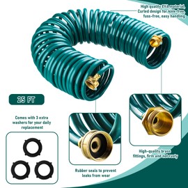 Pangda 25 Ft x 3/8'' Coil Garden Hose EVA Recoil Garden Self Coiling Expanding Water Hose with 6 Function Spray Nozzle Universal 3/4'' Brass Connector Fitting for Outdoor Yard(Green)