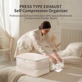 DIMJ Space-Saving Compression Storage Bags - 2 Pack Foldable Duvet Storage Organisers Large Compression Packing Cubes with Clear Window for Moving, Dorm, Down Jackets, Clothes, Bedding (Beige)