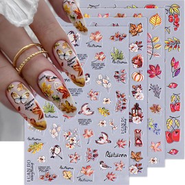 Fall Nail Stickers 3D Maple Leaves Nail Decals DIY Self Adhesive Tree Leaf Autumn Letter Nail Design Sticker Squirrel Animal Nail Decoration Supplies Holiday Manicure Accessories for Women Girls 4Pcs