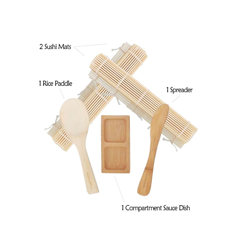 BambooMN Sushi Making Kit Rolling Mats, Rice Paddle, Spreader, Sauce