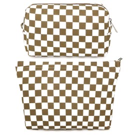 SOIDRAM 2 Pcs Checkered Makeup Bag Large Cosmetic Bag Toiletry Bag Makeup Pouch Travel Bag Organizer Cute Makeup Brushes Aesthetic Accessories Storage Bag for Women Coffee Brown