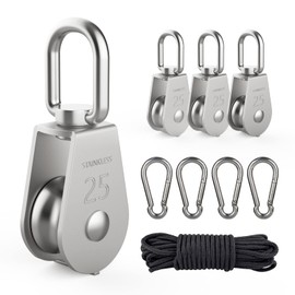DBREAKS Stainless Steel Pulley, Rope Block with 25 mm Roller, 4 Pieces Pulley Roller + Nylon Rope + Carabiner, Pulley Roller for Ropes Steel Cable