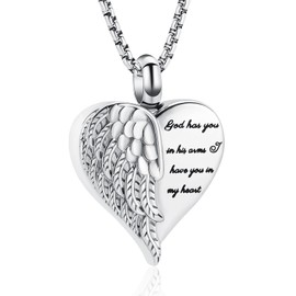 Oinsi God has you in his arms have you in my heart Cremation Necklace For Ashes For Women Men Angel Wing Memorial Urn Pendant Jewelry Necklace, 316L, crystal