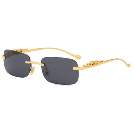 TOSGMLOUS Vintage Small Rimless Rectangle Sunglasses Metal Gold Silver Leopard Eyewear for Women Men (Gold Black)