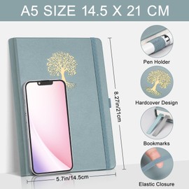 EMSHOI Dotted Notebook A5-100 GSM Hardcover Leather Dotted Journal with Sticky Notes, 192 Pages Dot Grid Notebook for Women Men Work School Bullet Journaling, 14.5 X 21 cm - Gray Blue