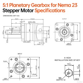 YEJMKJ Ratio 5:1 Planetary Gearbox for Nema 23 Stepper Motor 60-74mm Backlash 15 arcmin Input Shaft 31mm φ10mm Planetary Reducer for 57 Step Motor incl. 4 Screw 2 Plug 1 Key CNC 3D Printer Lathe