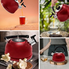 Tetera para estufa de acero inoxidable de grado alimenticio, 3 litros de agua caliente rápida de hervir. (Rojo)