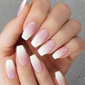 Press on Nails Medium Coffin SWEKKE French Fake Nails Pink Gradient Full Cover Glue on Nails White Glossy False Nails Acrylic Press on Nails Stick on Nails Artificial Nails for Women Girls 24 Pcs
