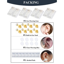 Orglace 32 Pcs Ear Piercing Kit Disposable Ear Piercing Gun Kit with 8Pcs Self Ear Piercing Gun and 8Pcs Earrings Stud 8Pcs Alcohol Pads,8Pcs Clear Piercing Disc (231#-4mm White)