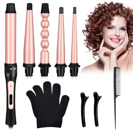 Juego Rizador de Pelo 5 en 1, Rizadora de Pelo Profesional, Intercambiable con Revestimiento de Cerámica, Calentamiento Rápido y Temperatura Ajustable, Ondulado para Rizos Grandes, Medianos o Pequeños, para Todo Tipo de Pelo