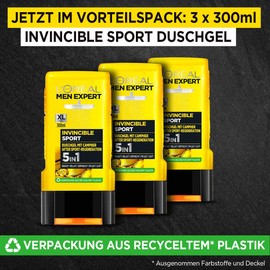 L'Oréal Men Expert Invincible Sport Shower Gel with Citrus Scent - Cleanses Face, Body and Hair Without Drying Out / Regenerates Muscles After Sport (3 x 300 ml)