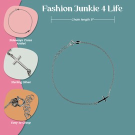 FashionJunkie4Life 925 Sterling Silver Anklets for Women | Layered Sideways Cross Silver Anklet | 9" with 1" Extension Women's Anklets | Cable Chain & Beads Design Sterling Silver Anklet