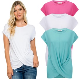 Free to Live 3 Pack Women's Round Neck Loose Fitted T Shirt, Front Twist Knot Tunic Style Tops (Large, Fuchsia, Mint, White)